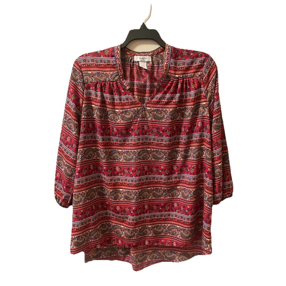 Moa Moa Woman Tunic Top Szโ 2X Red Floral Artsy Colorful Paisley Print Hi-Low